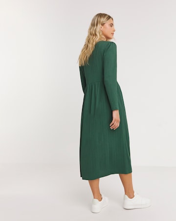 Green Waffle Button Up Midi Dress With Pockets