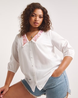Simply Be Ivory Poplin Blouse with Embroidered Collar