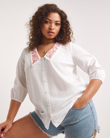 Simply Be Ivory Poplin Blouse with Embroidered Collar