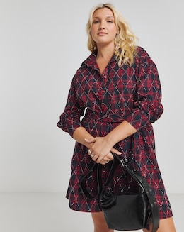 Red/Blue Checked Embellished Diamante Shirt Dress