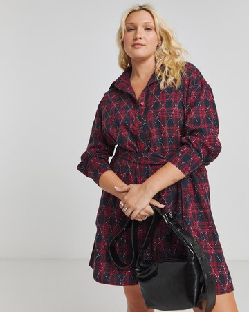 Red/Blue Checked Embellished Diamante Shirt Dress