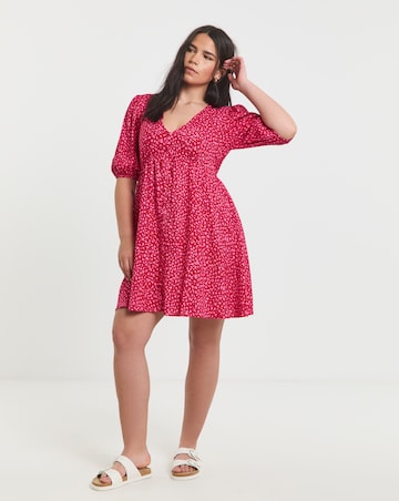 Simply Be Red and Pink Print Viscose Button Through Skater Dress