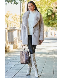 Sosandar Taupe Premium Faux Fur Coat with Button Detail