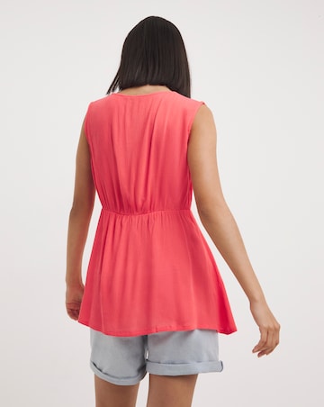 Coral Crinkle Tie Front Sleeveless Blouse