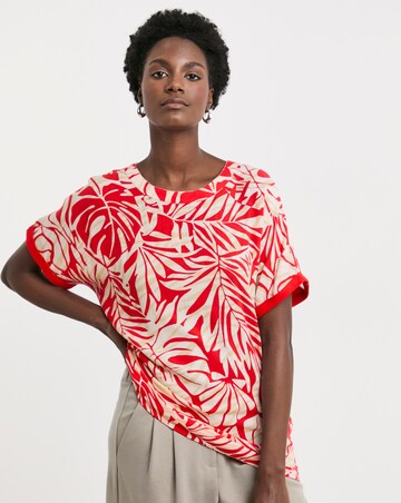 Red Print Woven Front Longline Curved Hem Top