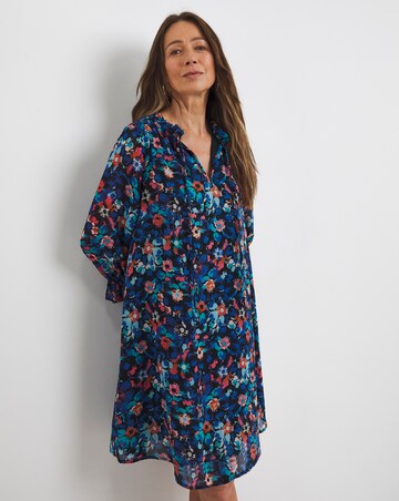 Trapeze Swing Dress with Tie Neck and Shirred Detail