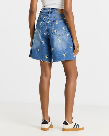 Mid Blue Fruit Embroidered Denim Bermuda Short