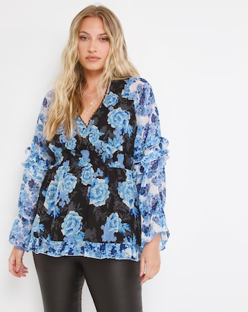 Blue Floral Shirred V-Neck Peplum Blouse with Frill Detail