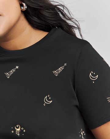 Black Embroidered Star and Moon T-Shirt