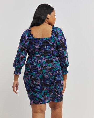 Floral Printed Mesh Ruched Bodycon Dress