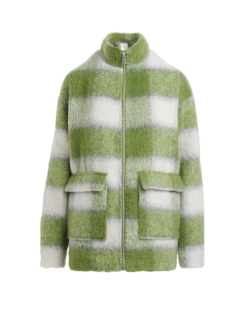 Green Funnel Neck Brushed Checked Bomber
