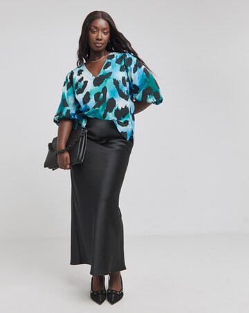 Blue Animal V Neck Puff Sleeve Blouse