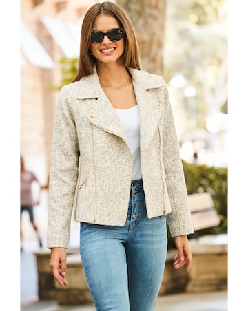 Sosandar Natural Boucle Biker Jacket with Gold Zip Detail