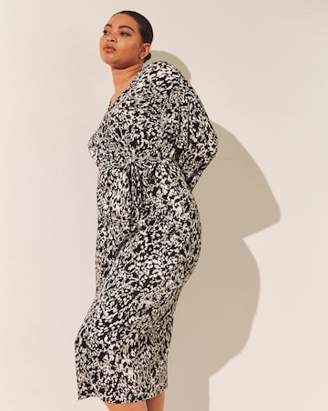 Mono Print Plisse Wrap Front Midi Dress
