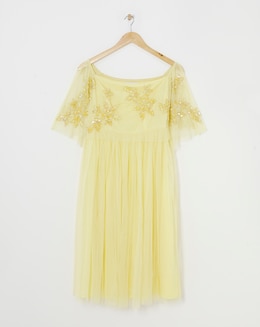 Maya Curve Bardot Floral Sequin Embroidered Tulle Midi Dress