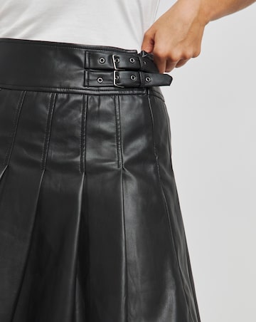 Black PU Pleated Buckle Detail Mini Skirt