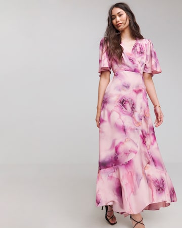 Flounce London Pink Crepe Marble Print Wrap Maxi Dress