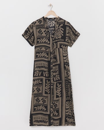 Collarless Placket Detail Smock Midi Dress