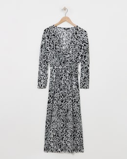 Mono Print Plisse Wrap Front Midi Dress