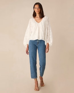 Ro&amp;Zo White Leopard Jacquard Balloon Sleeve Top