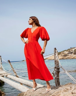 Ro&amp;Zo Linen Blend Puff Sleeve V Neck Midi Dress