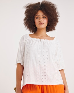 White Jersey Broderie Square Neck Top