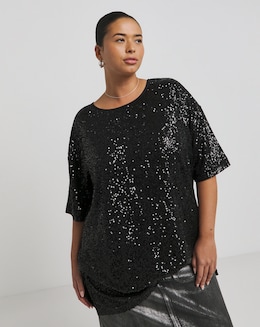 Black Linear Sequin Oversized T-Shirt