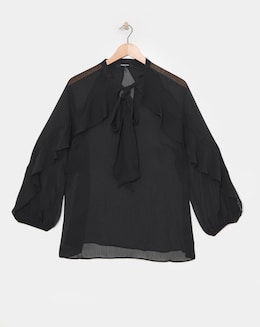 Tie Neck Sheer Frill Cuff Blouse