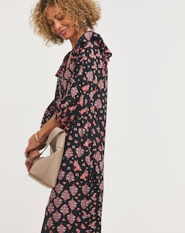 Pink Geo Viscose Twill Frill Shoulder Shirt Dress