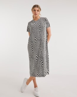 Checkerboard Print Plisse T-Shirt Midi Dress