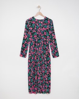 Floral Print Twist Front Plisse Midi Dress