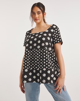 Daisy Print Square Neck Slub Tiered Top