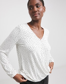 Heart Print Wrap Bubble Hem Long Seeve Top