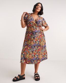 Black Floral Printed Wrap Front Midi Dress
