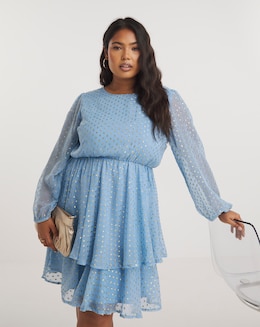 Blue Jacquard Tiered Skater Dress