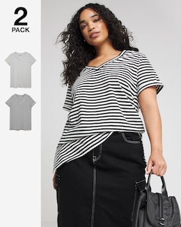 Grey Marl &amp; Stripe 2 Pack V Neck Longline T-Shirts