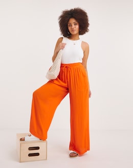 Orange Crinkle Tie Waist Wide Leg Trouser