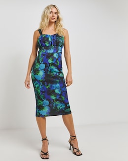 Made In GB Black Floral Printed Scuba Milkmaid Midi Dress