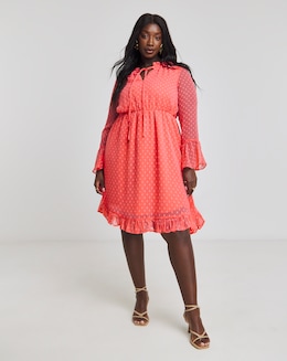 Pink Dobby Tie Neck Skater Dress