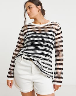 Simply Be Black &amp; White Hole Knit Stripe Tunic