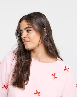 Simply Be Pink Embroidered Bow Knitted Half Sleeve Jumper