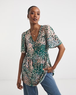 Angel Sleeve V Neck Button front Printed Longline Top