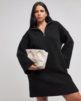 Black Zip Neck Knitted Mini Dress