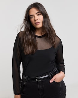 Simply Be Black Mesh Long Sleeve Top
