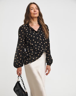 Black Ruched Sleeve Half Placket Tie Neck Top