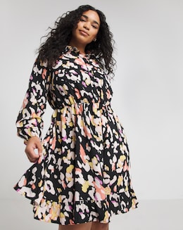 Blurred Animal Printed Button Up Shirt Dress