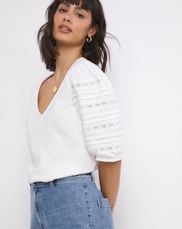 Broderie Sleeve Detail V-Neck Top