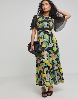 Twisted Wunder Black Chiffon Fruit Frill Hem Maxi Dress