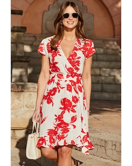 Floral Printed Linen Belted Angel Sleeve Wrap Fit and Flare