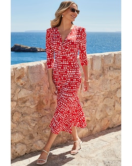 Sosandar Red Spot Print Twost Front Ruched Sleeve Fit and Flare Dress